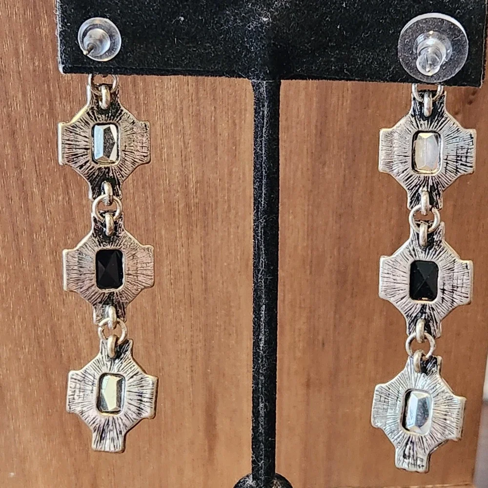Black Lavender Crystal Art Deco Drop Earrings Silver Tone Geometric‎ 2.75